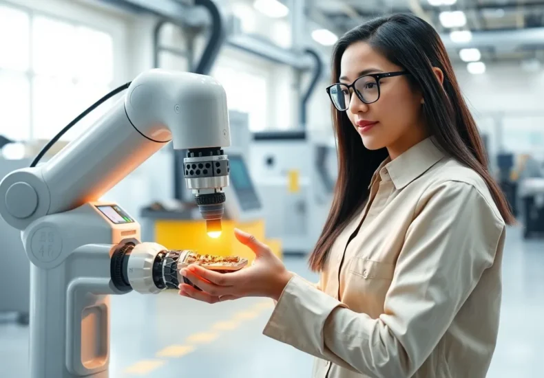 Modern robotic arm with AI technology working in an automated manufacturing facility