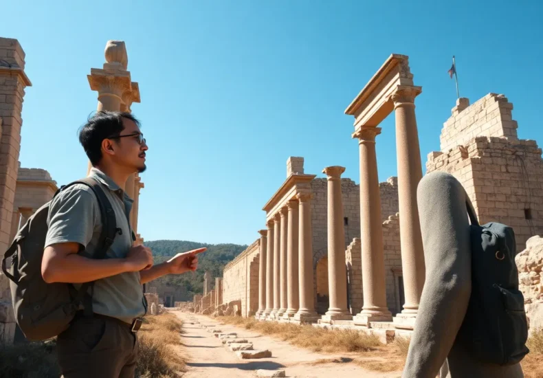 Ancient stone ruins with weathered columns and archways against blue sky
