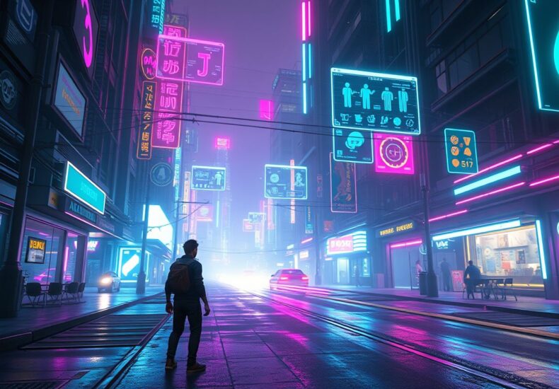Futuristic AI driven video game scene with a player character in a neon city