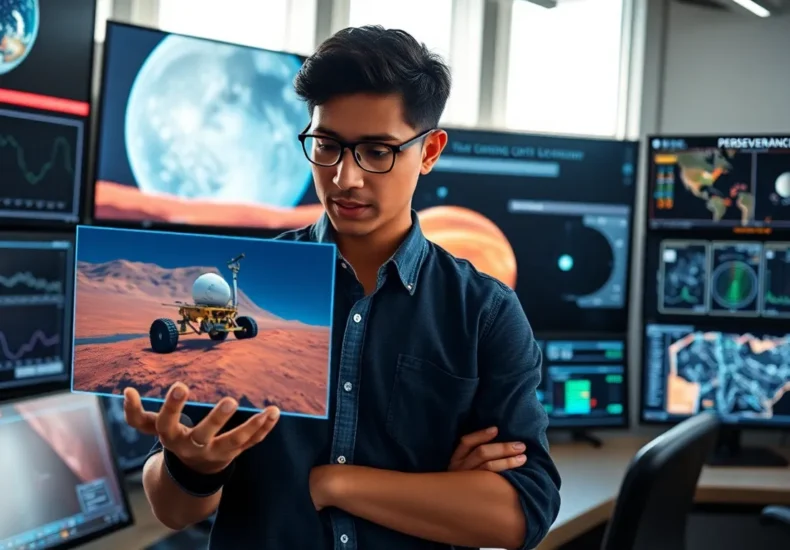 AI powered Mars rover navigating autonomous terrain on distant planet surface