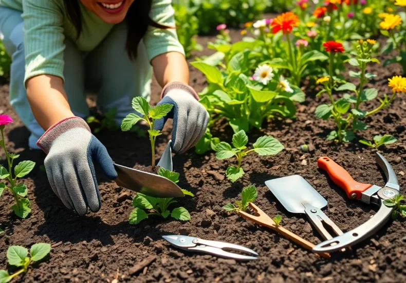 collection of essential gardening tools including trowel pruners and spade