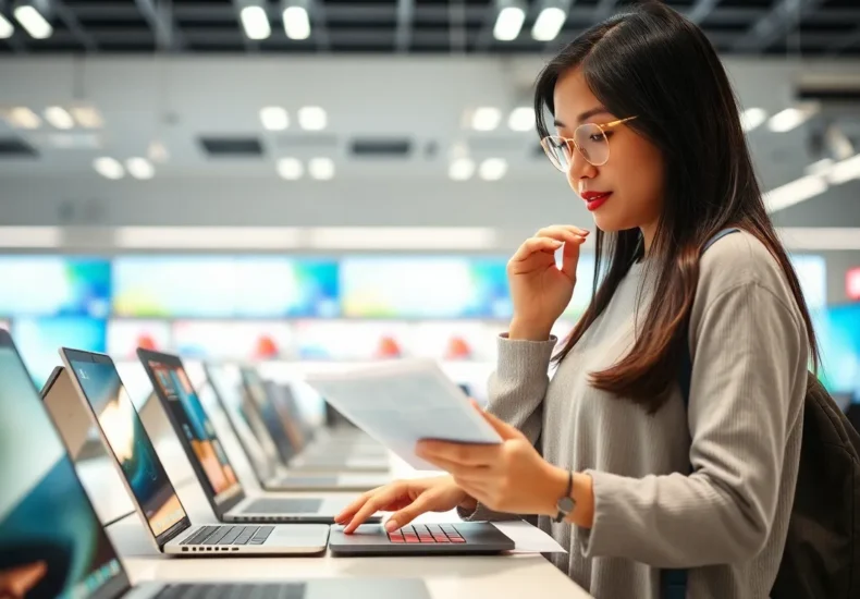 Person comparing different laptop models and specifications