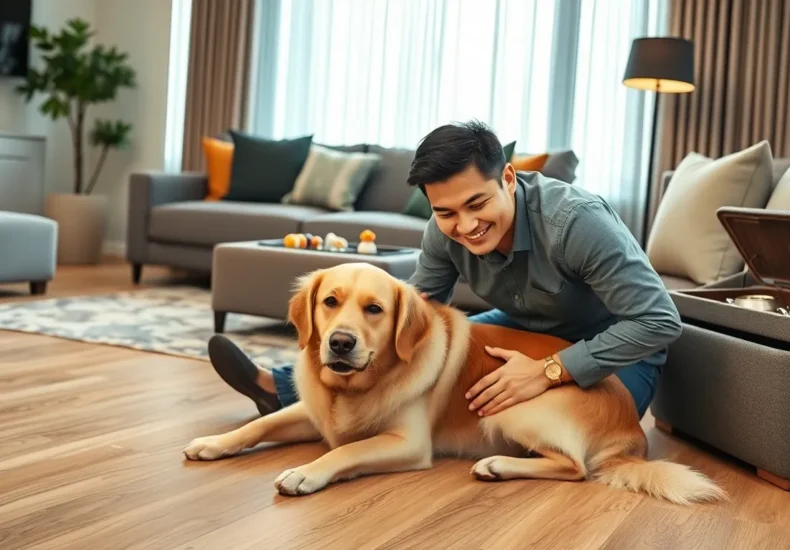 modern living room with pet friendly furniture and durable flooring designed for animals