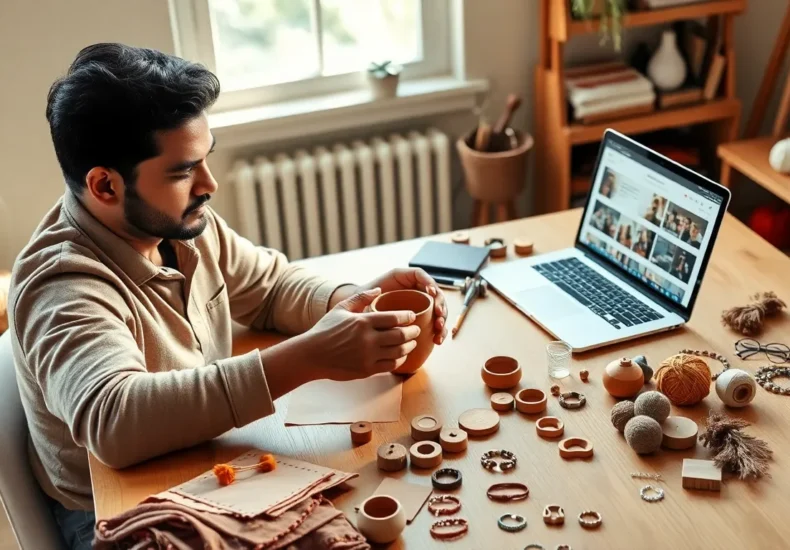 person working on handmade crafts at home workspace with laptop nearby