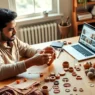 person working on handmade crafts at home workspace with laptop nearby