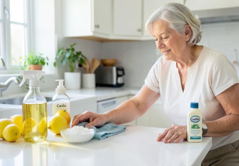 Natural cleaning supplies including vinegar, baking soda, and lemon on a kitchen counter