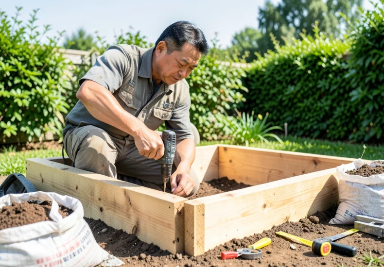 howtobuildaraisedgardenbedstepbystepguide Mindfull wooden raised garden bed frame filled with fresh soil ready for planting