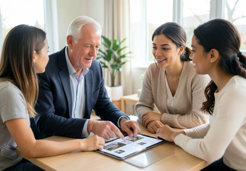 Professional real estate agent meeting with clients to discuss home buying and selling options