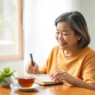 person writing in gratitude journal with peaceful morning light